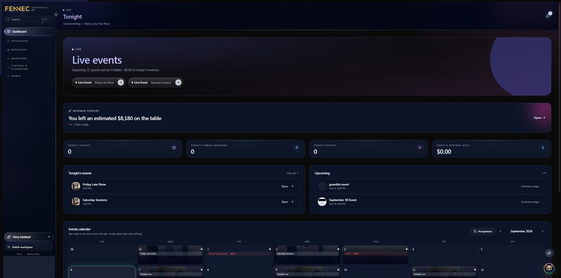 Fennec dashboard showing live events, count tiles for events, tables and guests, tonight’s events list and a monthly calendar.