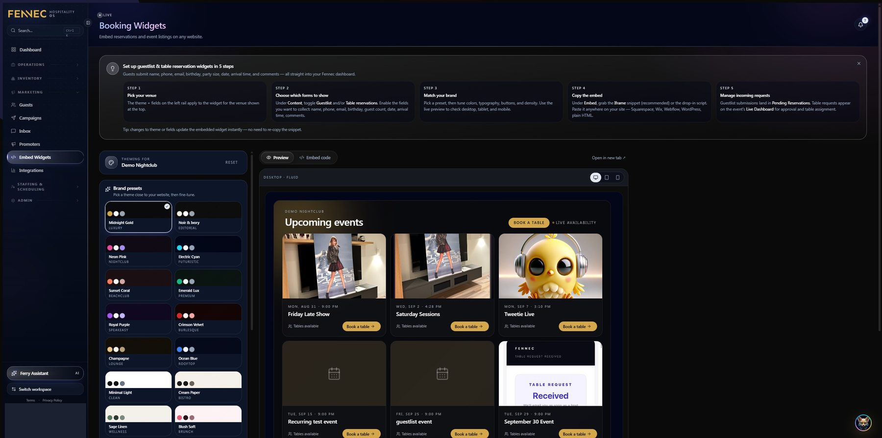 Embed widget builder with brand theme presets and a live preview of an upcoming events list with book a table buttons.