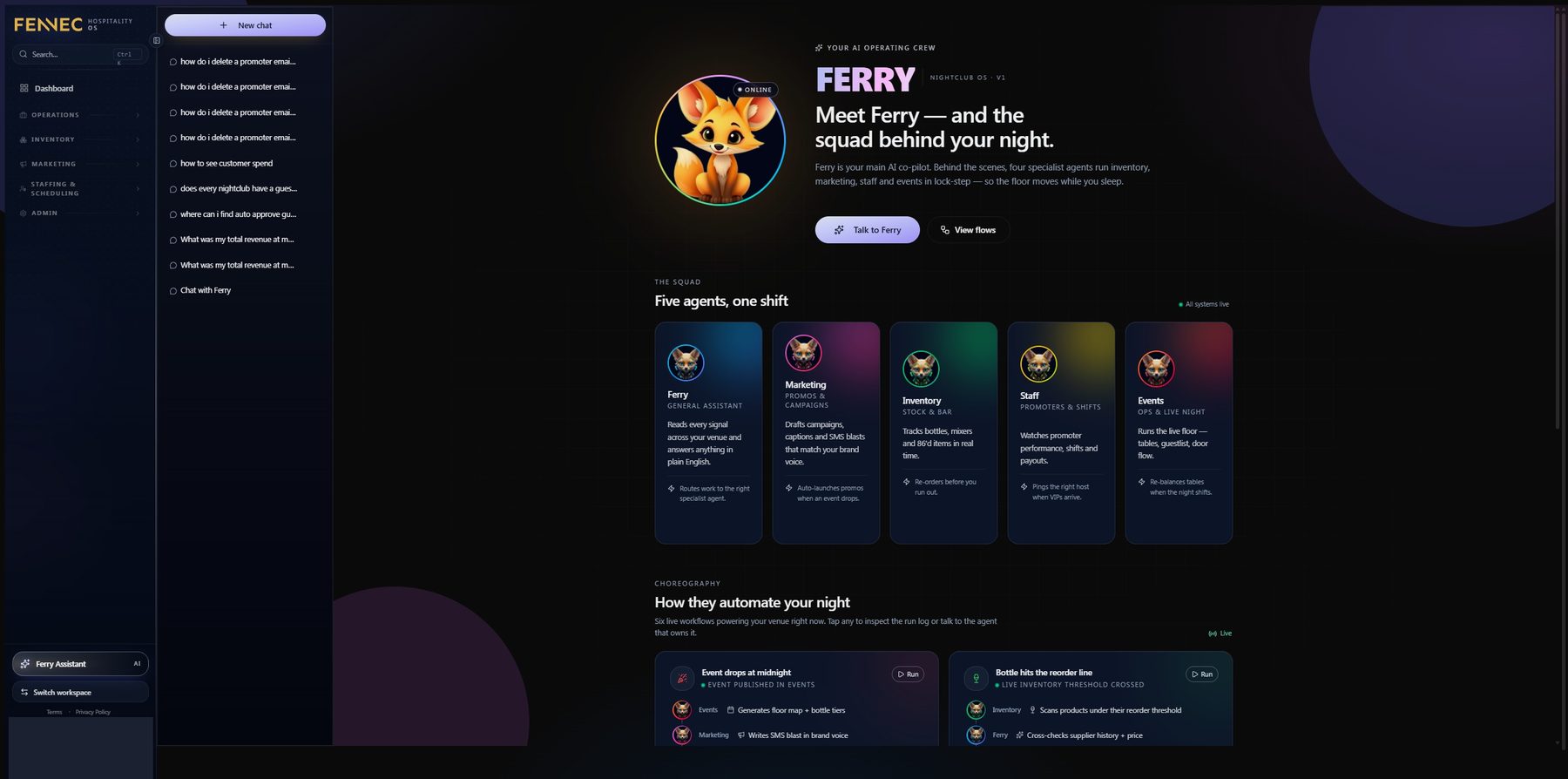 The Ferry AI hub in Fennec, showing the five agent squad: a general assistant plus specialists for marketing, inventory, staff and events, with the live workflows they run.