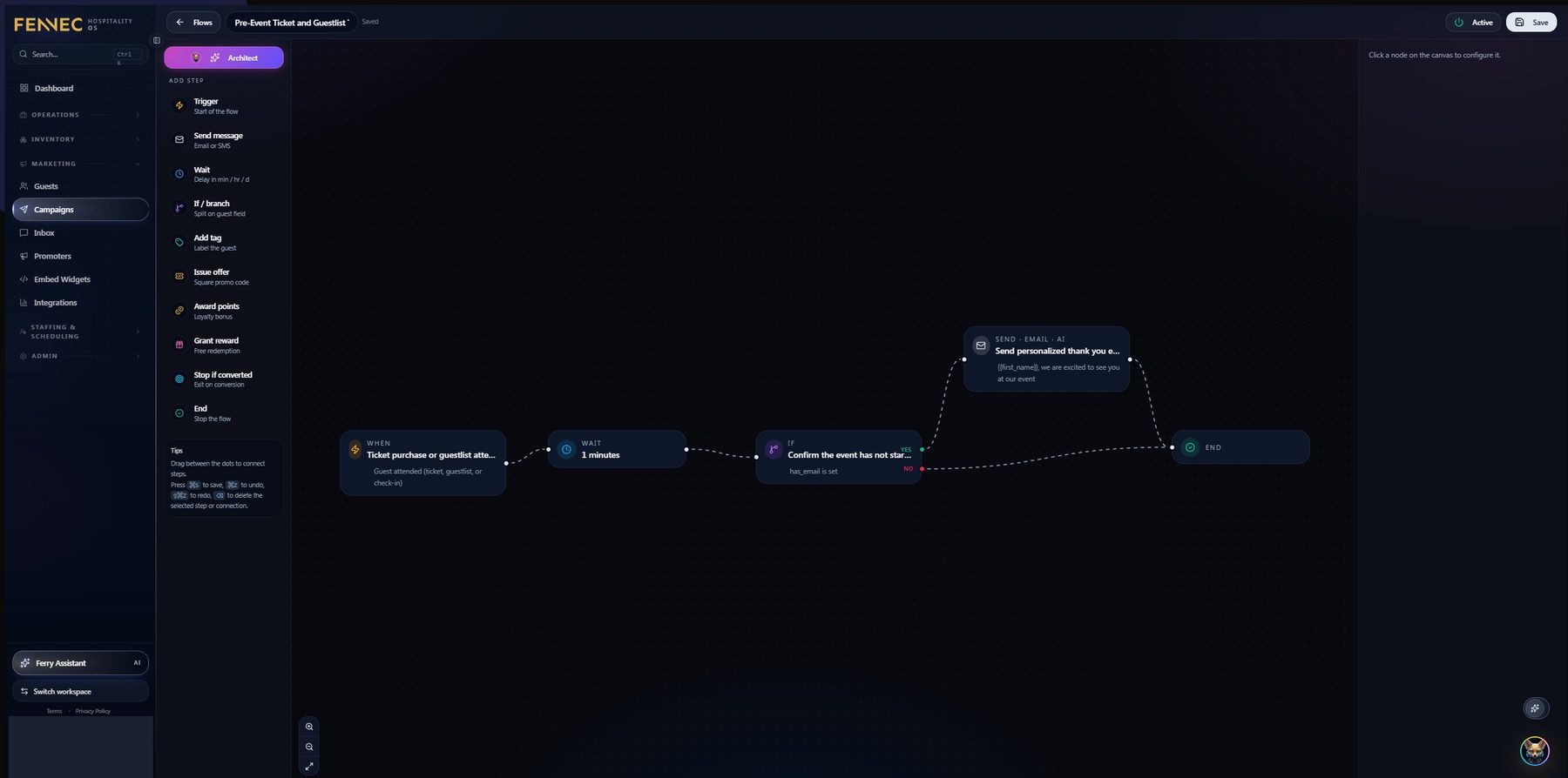 Flow builder canvas showing a node palette and a wired automation from trigger through to a personalised send.