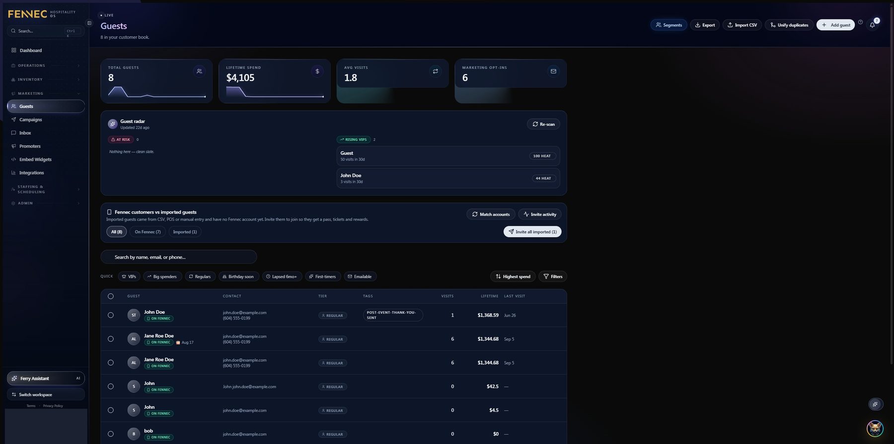 Guest database screen with summary tiles and a table of guests showing tiers, visits and lifetime spend.