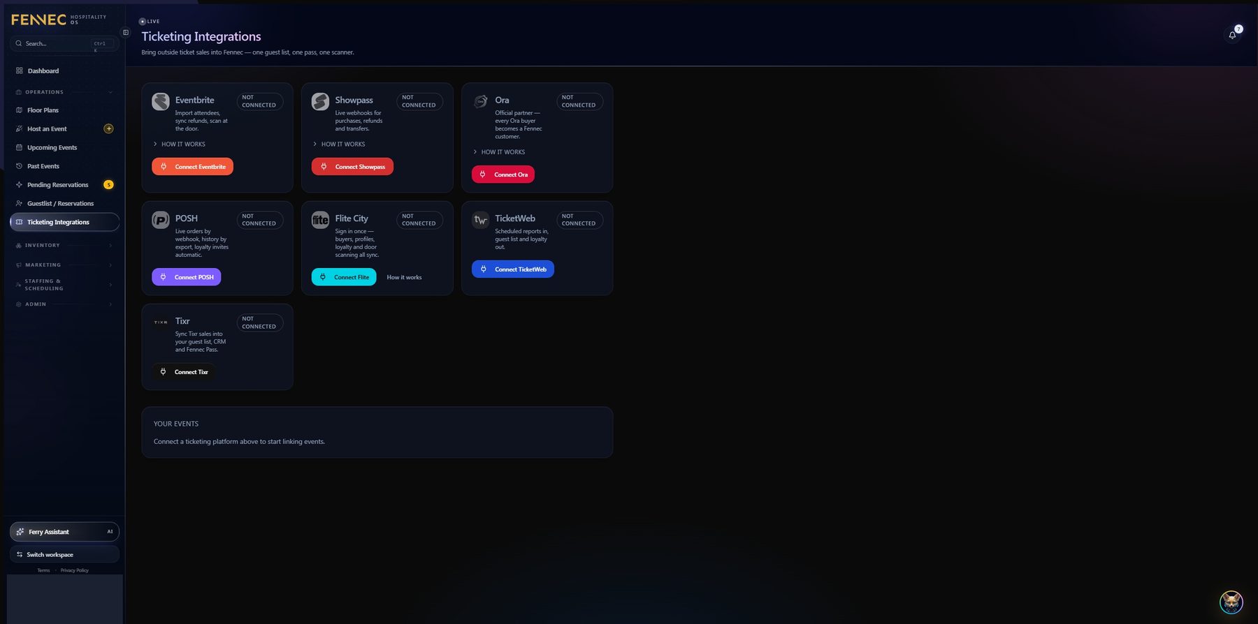 Ticketing integrations screen with connector cards for Eventbrite, Showpass, Ora, POSH, Flite City, TicketWeb and Tixr, each with a connect button.
