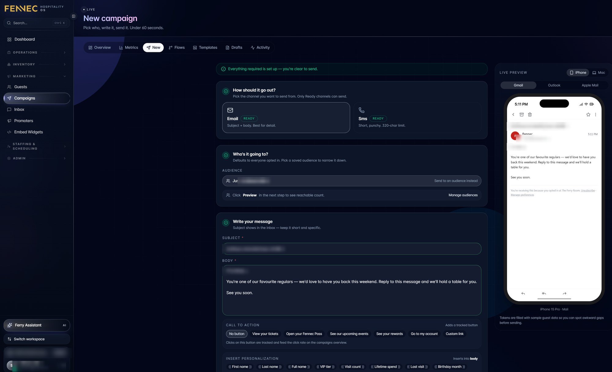 Fennec campaign composer: email and SMS channel readiness states, audience selection, message body with personalisation tokens and tracked call-to-action options, next to a live inbox preview on a phone.