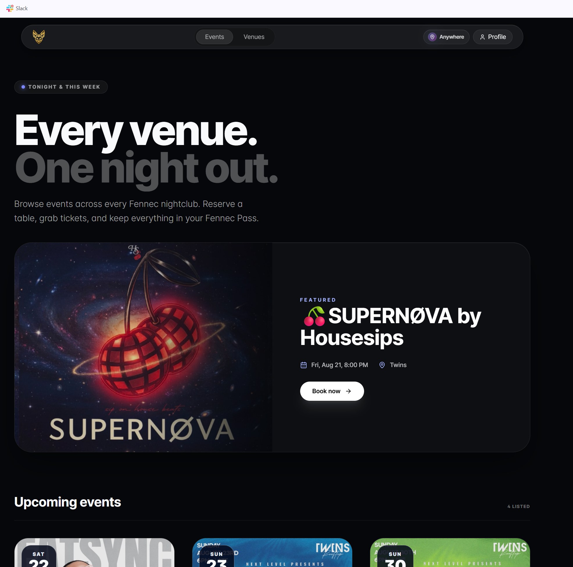 The Fennec guest-facing discover feed with a large featured event card at the top and a grid of upcoming events across the venue network below.