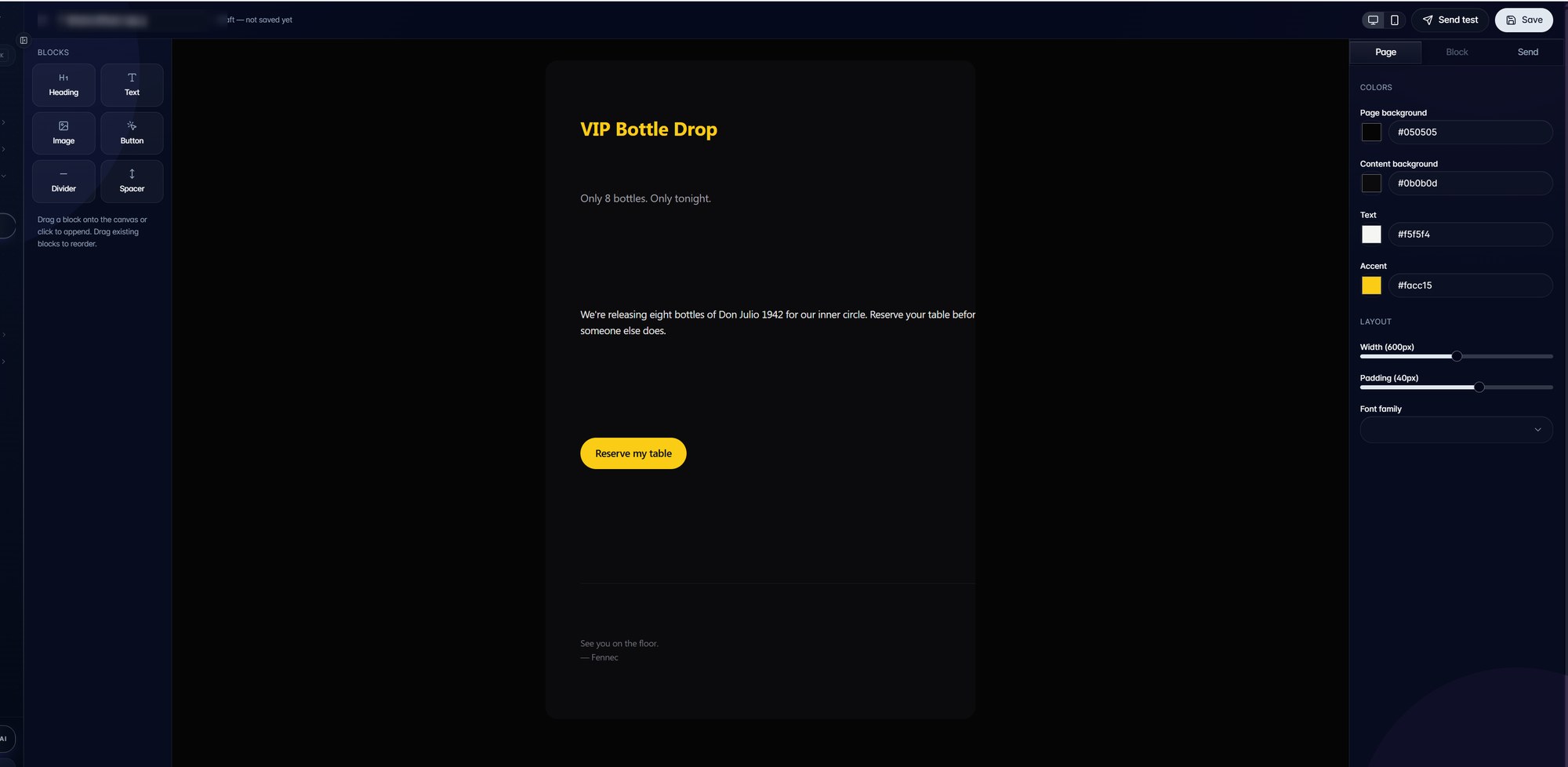The Fennec email designer showing a drag and drop block layout with a rendered event email preview.