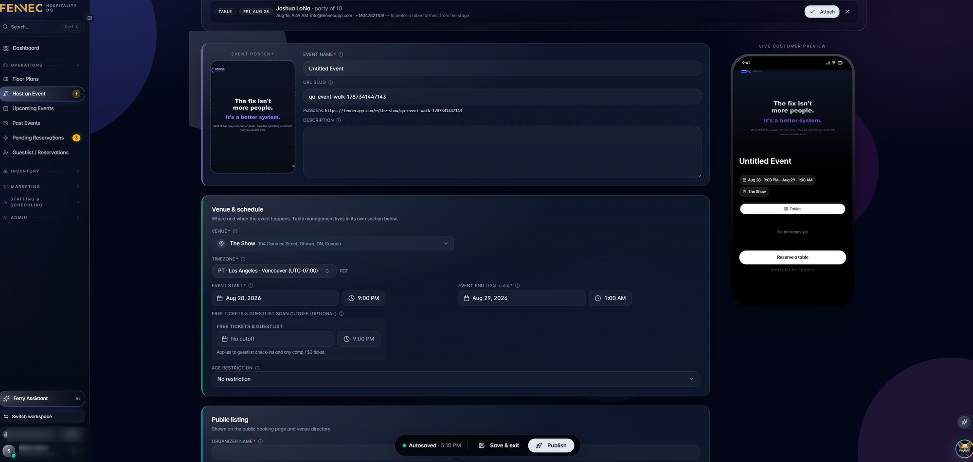 The Fennec event builder with poster upload, event name, URL slug, venue and schedule fields, guestlist scan cutoff, age restriction and public listing toggle, beside a live customer preview on a phone.