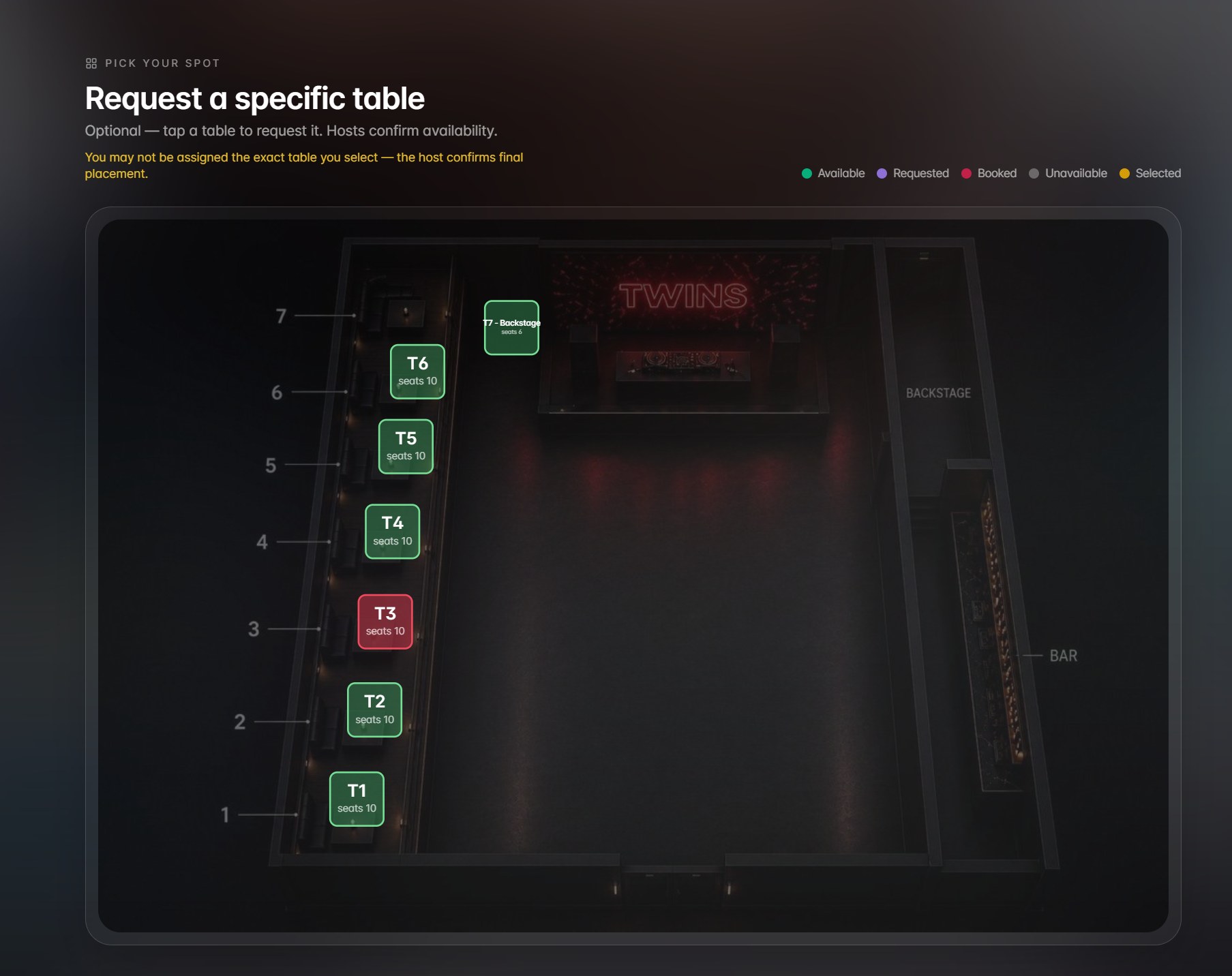 The guest-facing table selection map for a Fennec event, showing available and held tables on the venue floor plan with minimum spends.