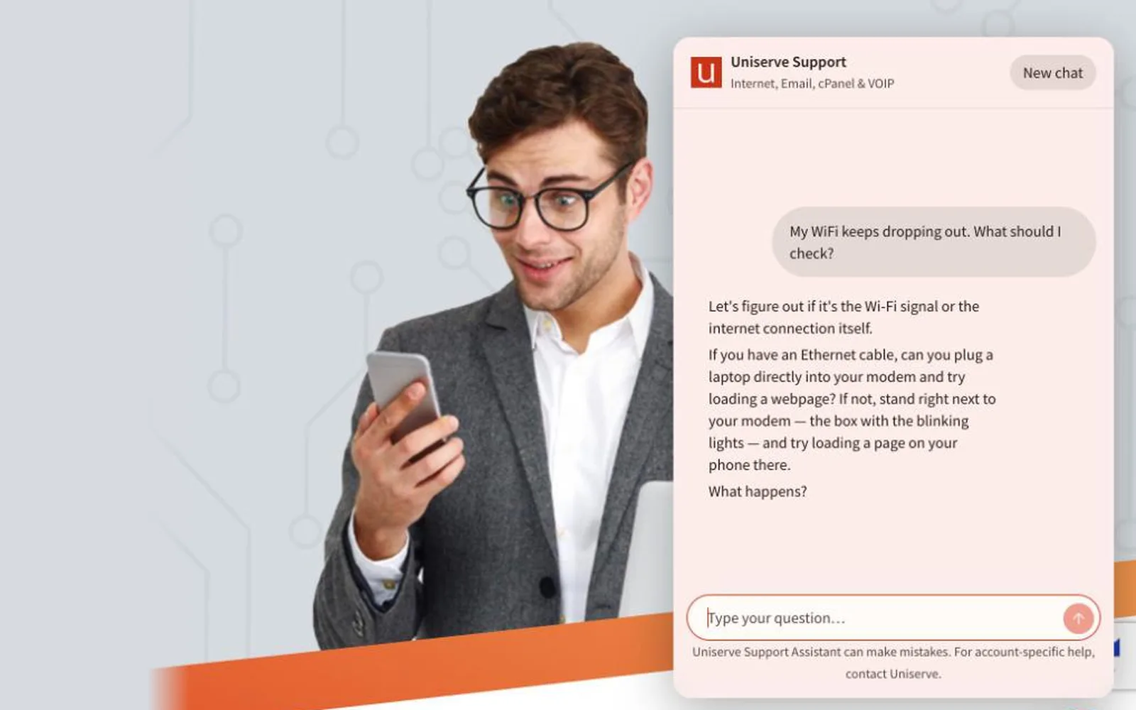 The chatbot answering from Uniserve's own help documents, with the source attached.